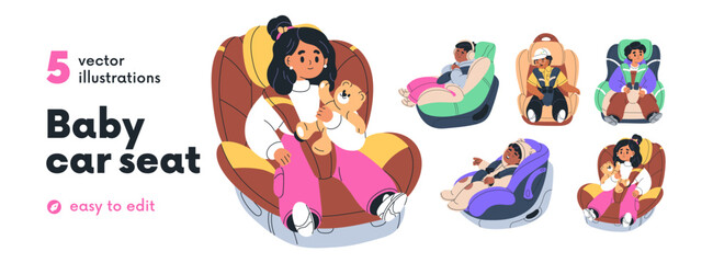 Fototapeta premium Children passengers sitting in baby car seats set. Fastened toddlers, boys and girls travel in auto security carrier, safety chair for kids. Flat vector illustrations isolated on white background