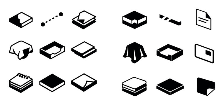 Office and paper vector icons with tissue box, paper stack and envelope for presentation design in solid style