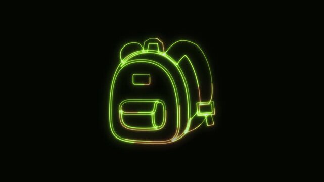Backpack Icon Neon Seamless Loop 4K Black Background Animated Promotional Typography for Video Editing