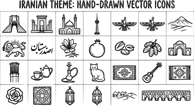 Iranian Theme Hand-Drawn Vector Icons: Culture, Landmarks, Food, Music, Tradition