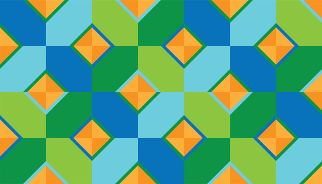 Modern abstract geometric seamless pattern in blue, green, and orange. Vibrant mosaic tile vector background.