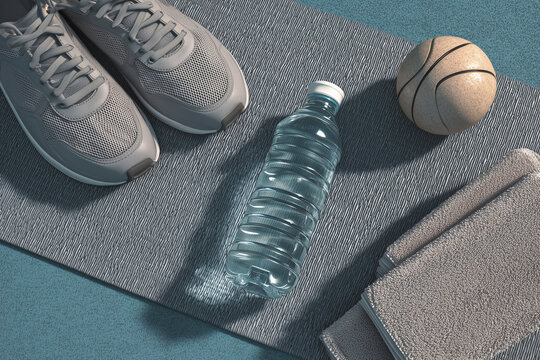 Fitness Workout Essentials with Sneakers, Water Bottle and Exercise Mat