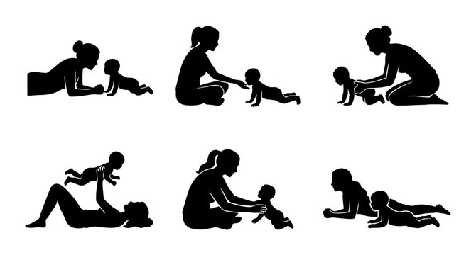 Mother and Baby Milestones, Silhouette Icons Set: Crawling, Playing, Learning, Family Moments