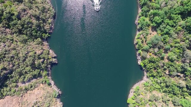 Sailing Over The Sil River From Cadeiras Viewpoint In Sober, Spain. Aerial Drone Shot