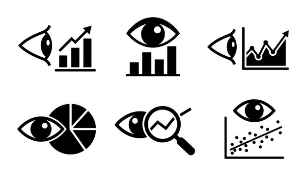 Eye and Data Icons: Analytics, Growth Charts, Pie Charts, Scatter Plot, Magnifying Glass