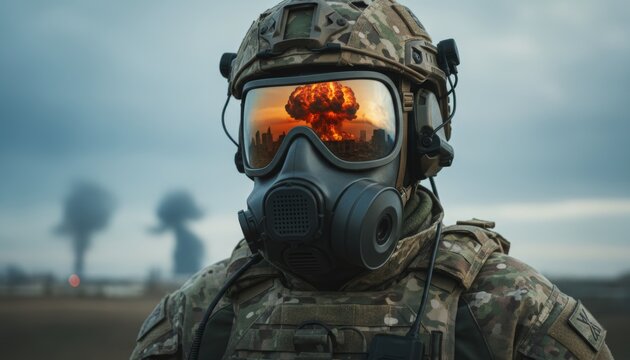 A close-up portrait image of a soldier in a gas mask
