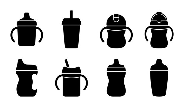 Baby Sippy Cups, Toddler Drinkware, Children's Bottles Set, Vector Icons for Kids