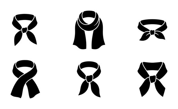 Six Black Scarf Icons, Fashion Accessory Vector Set, Neckwear Styles Collection