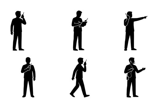 Communication Icons: People with Walkie Talkies, Radio, and Hand Signals, Vector Set