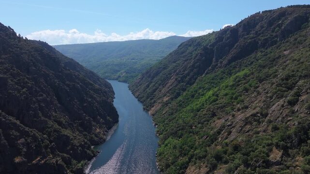 Dramatic Views Of The Sil River Canyon Over Cadeiras Viewpoint (Miradoiro de Cadeiras) In Sober, Spain. Aerial Drone Shot