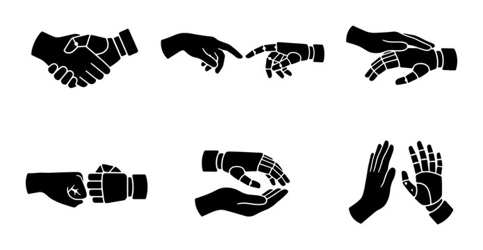 Human and Robot Hand Gestures, Collaboration Icons, Technology Partnership Symbols