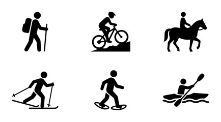 Fototapeta premium Outdoor Activity Icons: Hiking, Biking, Horse Riding, Skiing, Snowshoeing, Kayaking Vector Set