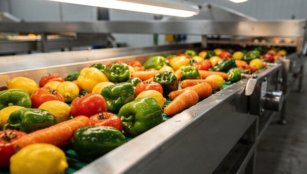 Vibrant assortment of fresh produce including red tomatoes, green bell peppers, yellow lemons, and orange carrots moving along an industrial conveyor belt within a modern food processing plant, showca