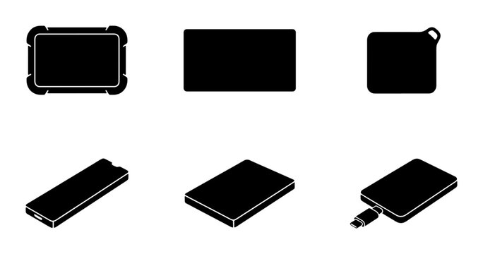 Portable Hard Drive Icons, External Storage Vector Graphics, Data Backup Symbols, Digital Storage Technology