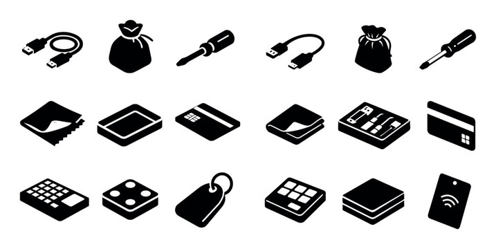 Technology and tools vector icons with usb cable, screwdriver and credit card for branding materials in solid style