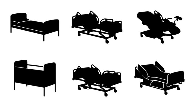Hospital Bed Icons, Medical Furniture Silhouettes, Healthcare Equipment Vector Set