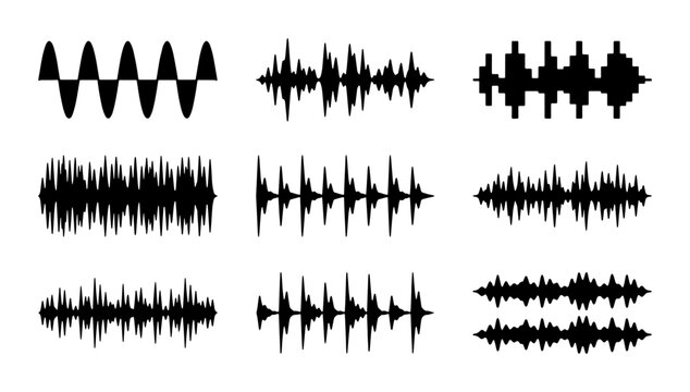 Diverse Sound Waveforms, Audio Signal Patterns, Music Equalizer Visuals, Digital Sound Graphics