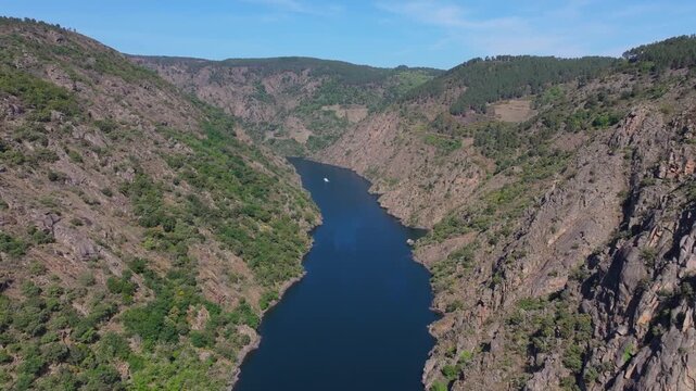 Sil River Through Vertical Walls Of The Canyon In Ribeira Sacra Region From Cadeiras Viewpoint In Sober, Spain. Aerial Pullback Shot