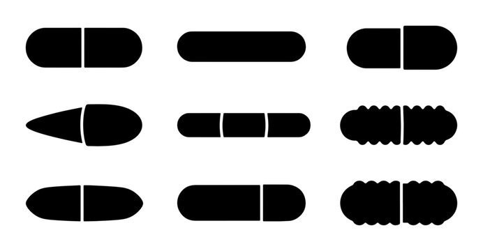 Capsule Pill Icons, Medicine Health Symbols, Pharmaceutical Drug Shapes, Healthcare Vector Set
