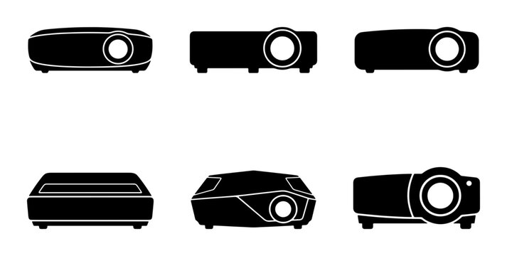 Projector Icons Set, Digital Display Devices, Presentation Equipment Silhouettes, Tech Gadgets