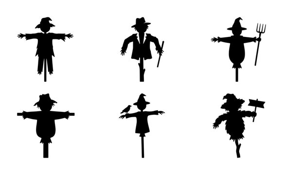 Scarecrow Silhouettes: Autumn Harvest Icons, Farm Garden Guardians, Rural Fall Decorations, Vector Set