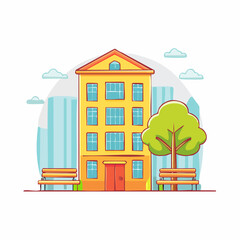 Obraz premium Cartoon Apartment Building with Park Benches and Tree