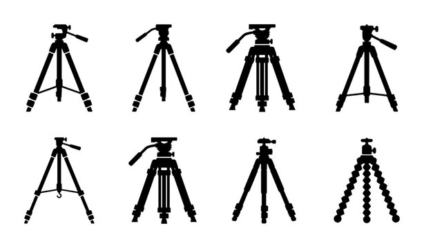 Camera Tripod Silhouettes, Photography Support Equipment Set, Professional Gear Icons