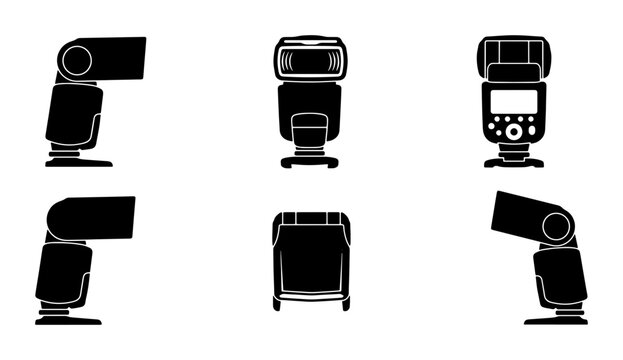 Camera Flash Icons Set, Photography Lighting Equipment Vector Collection, Studio Gear Silhouettes