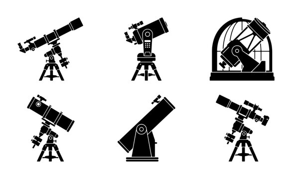 Telescope Icons Set, Astronomy Equipment Vector Graphics, Space Exploration Tools Collection
