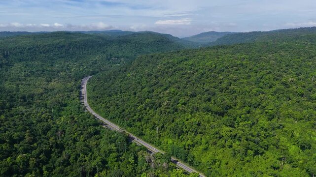 Drone footage aerial view of a winding mountain road cutting through dense green forest scenic travel route, and peaceful countryside