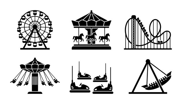 Amusement Park Icons: Ferris Wheel, Carousel, Roller Coaster, Swing Ride, Bumper Cars, Vector Set