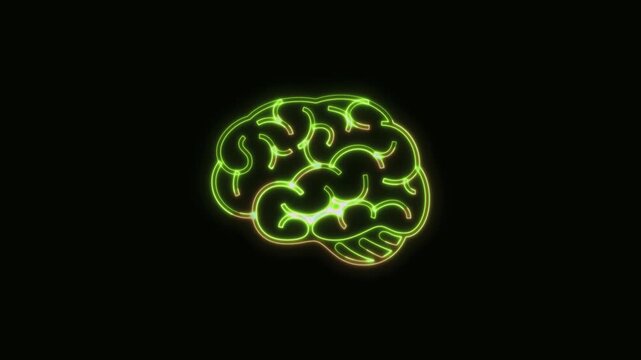 Brain Icon Neon Seamless Loop 4K Black Background Animated Promotional Typography for Video Editing