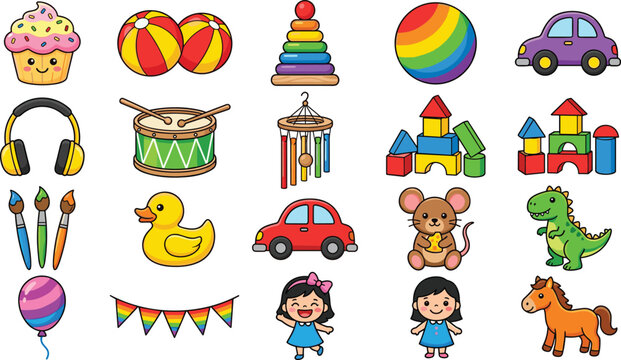 Cute Kids Toys and Cartoon Objects Vector Collection with Playtime Elements and Colorful Childrens Illustrations