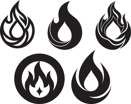 Minimalist fire flame icons set, black silhouette gas and oil drop symbols, 5 vector bonfire and heat logo elements for energy branding