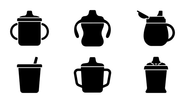 Baby Sippy Cups and Toddler Drinkware Icons, 6 Black Vector Illustrations for Childcare