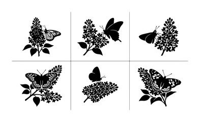 Butterfly and Lilac Silhouettes, Vector Set: Delicate Insects on Blooming Flowers, Nature Graphics © Mizan