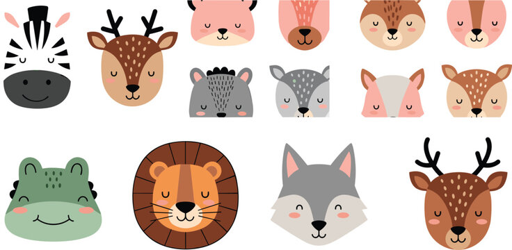 Cute Woodland Animal Face Collection with Deer Lion Wolf Zebra and Forest Creature Cartoon Illustrations