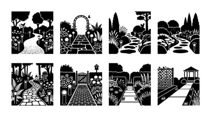 Fototapeta premium Garden Paths Vector Set: Scenic Landscapes, Winding Trails, Floral Borders, Architectural Elements
