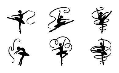 Ballet Dancer Silhouettes, Elegant Ribbon Poses, Graceful Performance Vector Set © Monir