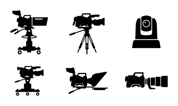 Video Camera Icons Set, Broadcast Equipment Silhouettes, Professional Filming Gear Vector Graphics