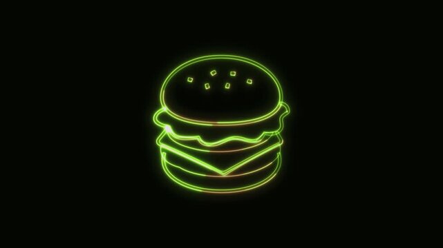 Burger Icon Neon Seamless Loop 4K Black Background Animated Promotional Typography for Video Editing