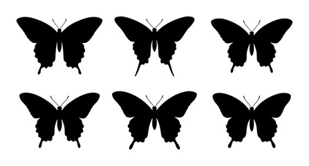 Six Black Butterfly Silhouettes, Elegant Insect Vector Graphics, Delicate Winged Creatures, Nature Art Elements © Sujon