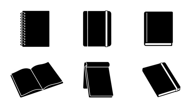 Black Notebook Icons Set, Journal and Diary Vector Graphics, Stationery and Writing Tools Collection