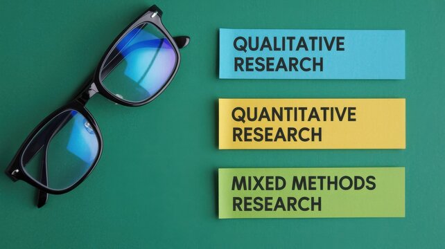 Top view of eyeglasses with qualitative quantitative and mixed methods research sticky notes on green background