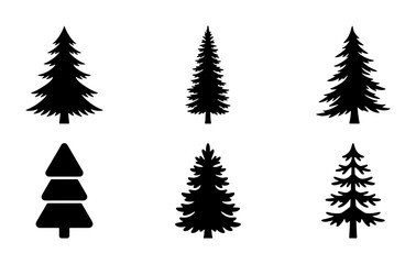Obraz premium Six Silhouette Pine Trees, Evergreen Forest Icons, Nature Vector Graphics, Winter Woodland Elements