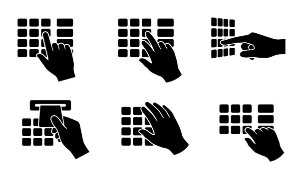 Hand pressing keypad buttons, ATM card insertion, digital security icons, vector set