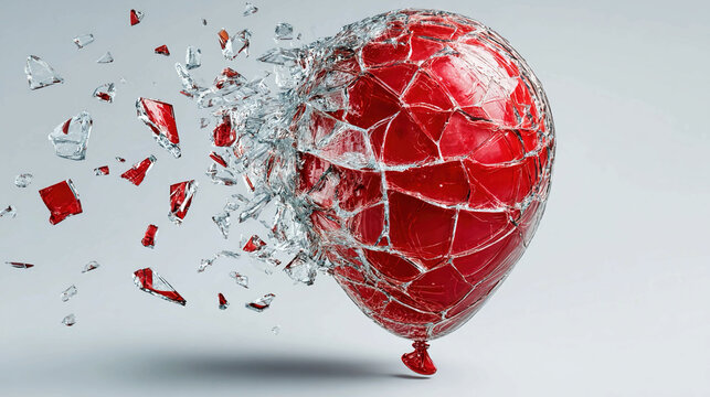 Red balloon shattering into pieces breaking glass effect isolated on white background
