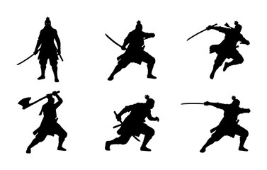Fototapeta premium Samurai Warrior Silhouettes, Japanese Fighter Poses, Martial Arts Action Vector Set