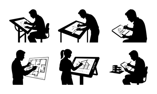 Architectural Design Silhouettes: Drafting, Drawing, and Digital Creation Icons