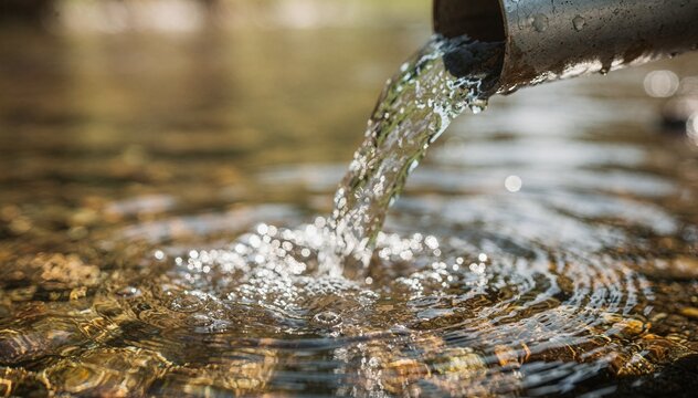 Clear liquid pour from metal pipe into shallow natural stream bed, creating ripples and bubbles. Sunlight reflects on the surface, highlighting purity and freshness of resource
